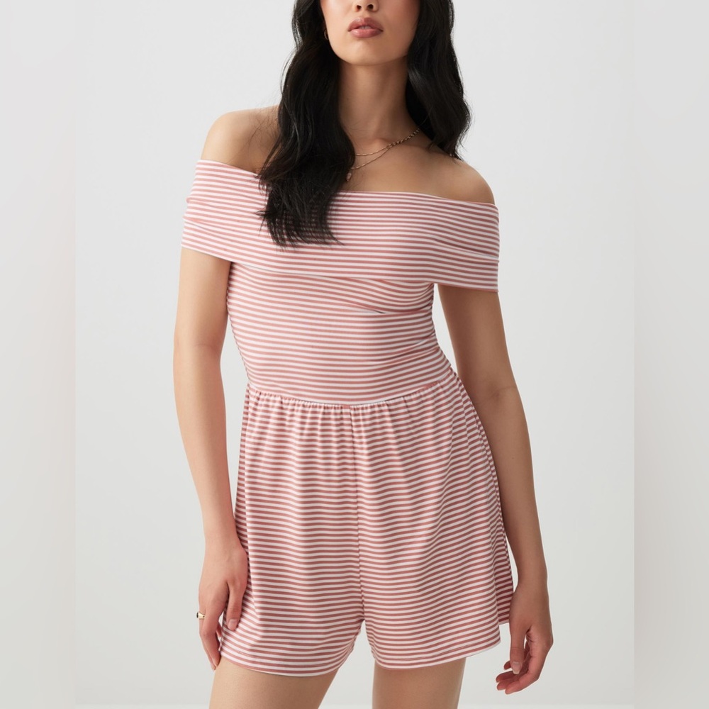 Ardene Pink Striped Off-Shoulder Romper